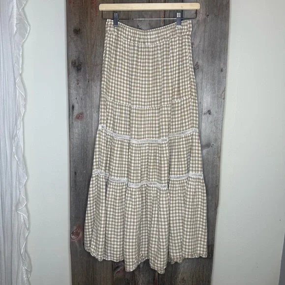 Madewell Gingham Tiered Linen Blend Maxi Skirt Tan Cream XS - Picture 3 of 11